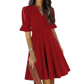 Red Dresses for Women 2025 Summer Short Sleeve V Neck Semi Formal Swing Aline Modest Sunday Church Cocktail Teacher Business Casual Work Ladies Fashion Trendy Dress with Pockets M