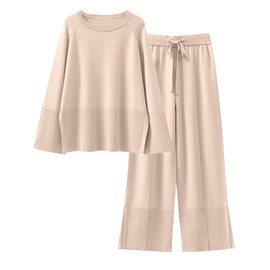 ANRABESS Womens 2 Piece Outfits Oversized Knit Sweater Set Wide Leg Pant Cozy Lounge Matching Pajama Sets 2024 Trendy Clothes Apricot Medium