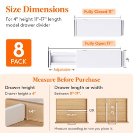 Lifewit 8 Pack Drawer Dividers 4" High,11-17" Adjustable Dresser Drawer Organizers for Clothes, Expandable Dresser Separators in Bedroom/Bathroom/Kitchen/Vanity/Office Organization and Storage, White