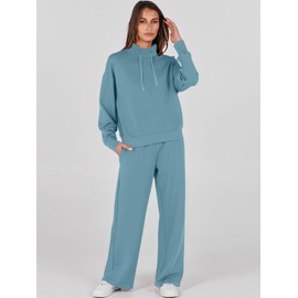 ANRABESS Womens 2 Piece Outfits Sweatsuit Set 2024 Fall Drawstring Sweatshirt Wide Leg Sweatpant Lounge Set Tracksuit Grey Green Small