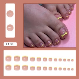 Yellow French Tip Toe Nails Press Ons Short Press on Toenails Summer Fake Toenails Cute False Toe Nails Acrylic Glossy Full Cover Toe Nail Tips Short Glue on Toenails Stick on Toenails for Women Girls