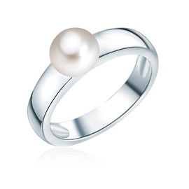 Valero Pearls Women's Pearl Ring 925 Sterling Silver with Freshwater Cultured Pearl Button 6-7 mm White Silver Ring with Real Pearl Women's Ring, Silver, Pearl