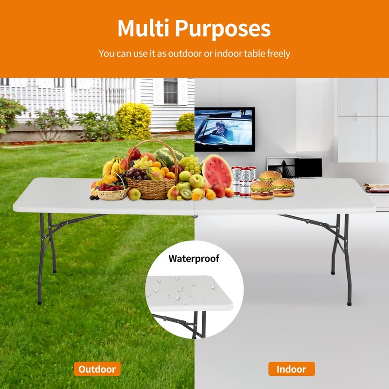 BestOffice Camping Folding 8 Foot Plastic Table, White