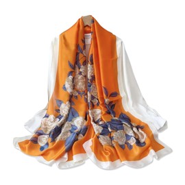 LumiSyne Silk Scarf Women's Camellia Leaves Printed Colourful Oil Painting Pattern Romantic Artistic Style Long Large Scarves Lightweight Warm Neckerchiefs Stole Sun Cream Headscarf Beach Wrap All