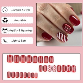 24Pcs Christmas False Nails Short, Square Press on Nails French Tip Red Stick on Nails with Snowflake Stripe Design, Natural Solid Color Elegant Fake Nails Reusable Glue on Nails for Women Girls