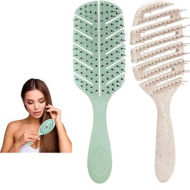 2pcs Curly Hair Brush Set of Z-Shaped Vent Hair Brush for Curly, Wavy, and Wet Hair, Detangling Brush with Ergonomic Handle for Pain-Free Styling (Green & Brown)