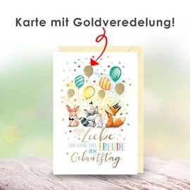 KE - Elegant and Animal Birthday Card for Children - Card for Children's Birthday - Embossing - Includes Beige Envelope - Motif: Animals with Balloons