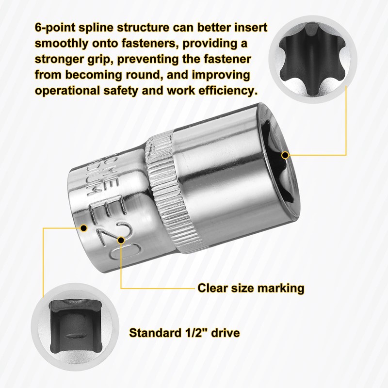 HARFINGTON 8pcs E-Torx Socket 1/2" Drive E20 External Torx Deep