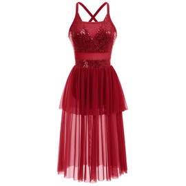 Lyrical Dance Costumes for Women Modern Contemporary Ballet Dancewear Spaghetti Criss Cross Backless Sequin Sleeveless Ruffle Tiered Mesh Tulle Long Dress One-Piece Bodysuit Leotards Dark Red XS