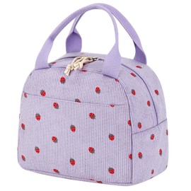 EDLMKM Insulated Lunch Bag for Women Girls Teens Adult, Cute Strawberry Purple Lunch Bag, Portable Handbag, Reusable Cooler Bags Foldable Leakproof Lunchbag for Work, School, Travel Picnic