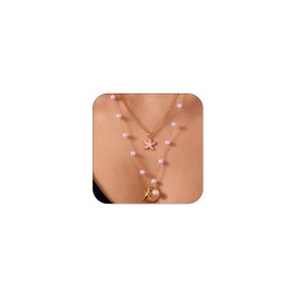 2Pcs Dainty Gold Starfish Seashell Pearl Layering Necklaces for Women, Boho Sea Shell Pearls Tiny Chain Choker Necklace Charm Beach Holiday Party Jewelry Gifts (Pink)