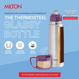 Milton Thermosteel Glassy 750, Double Walled Vacuum Insulated 750 ml | 25 oz | 24 Hours Hot and Cold Water Bottle with Drinking Cup Lid and Cover, Stainless Steel, BPA Free, Leak Proof | Purple