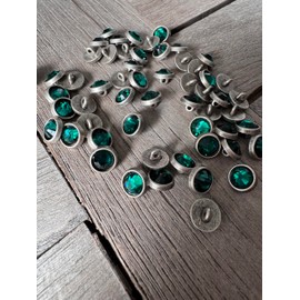 Pack of 10 Small Mini Metal Buttons Silver Matt with Coloured Rhinestones in Light Blue, Blue, Rose, Purple or Light Green 10 mm (Green)