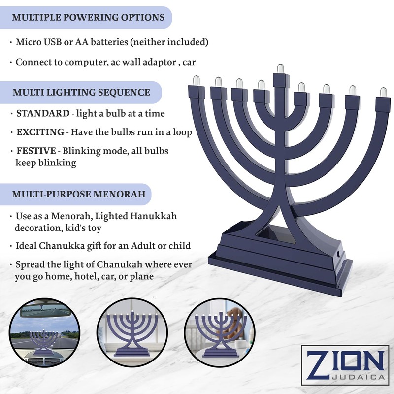 Zion Judaica Mini LED Hanukkah Menorah Battery or USB Operated