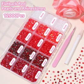 12000 Pcs Red White Flatback Pearls and Rhinestones for Crafting, 3-5 mm Jelly Resin Rhinestones, Mixed Size Half Pearl Bedazzling Gems for Nail DIY Crafts Mugs Bottles Tumblers Clothes Makeup