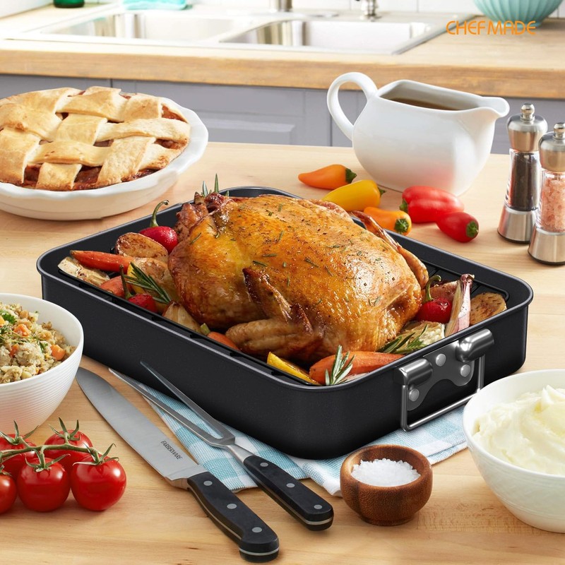 CHEFMADE Turkey Roasting Pan with V Rack, 16 Inch Deep