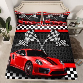 Racing Car Fitted Sheet Single Size, Red Sports Car Bed Cover with 1 Pillowcase, Black White Checkered Flag Bedding Set 2pcs for Kids Teens Room Decor, Soft Polyester Bedding