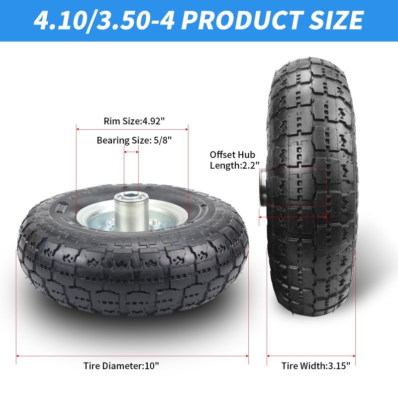 (2 Pack) RRQ 10 Inch Pneumatic Wheel 4.10/3.50-4 Tire, 10"