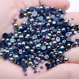Mixed Size 2/3/4/5/6mm 1000Pcs Imitation Pearls Bead Half Round Flatback Pearl Rhinestones Beads Nail Art Crafts DIY Gem Decoration (13 Black AB)