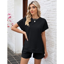 Rapbin Tracksuit Womens Full Set Round Neck Solid Color 2025 Summer Short Sleeve Lounge Shorts Sets with Pockets Black