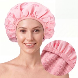 Janmercy Pink Bow Shower Cap for Women Extra Large Terry Lined Shower Cap Reusable Waterproof Double Layer Large Bath Hair Bonnet Washable Quick Dry for Braids Long Straight Curly Hair Women Gifts