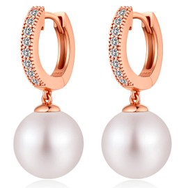 Pearl Earrings Pearls Earrings for Women Silver Pearl Dangle Earrings Pearl Hoop Earrings Sterling Silver Pearl Earrings Pearl Leverback Earrings Rose Gold Pearl Earrings Women CZ Diamond Pearl 10MM