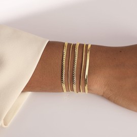 ASCOMY Dainty Gold Layered Bracelets for Women 14K Gold Plated Snake Chain Bracelet for Women Girls Flat Snake Chain Herringbone Cuban Chain Bracelets Set Adjustable Layered Bracelet Gold Jewelry Gift