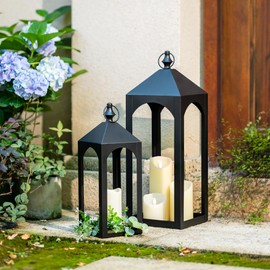 Staymoment Tall Black Lanterns Decorative Indoor Set of 2 - Large Metal Floor Lantern Candle Holder for Fireplace Mantel Outdoor Front Porch Patio Yard, 23" & 17" Modern Home Decor, No Glass