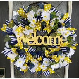 Welcome Daisy Navy Blue Yellow Polka Dot Wreath, Floral Decor, Fall, Spring, Summer, Front Door, Burlap Wedding Farmhouse Decor, French Country Decor