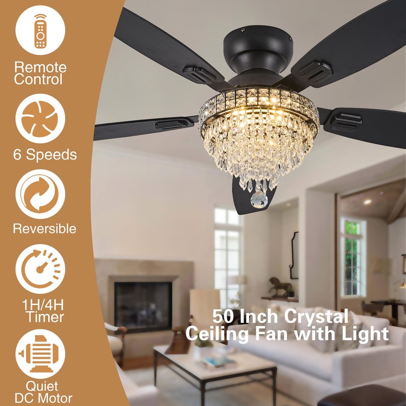 Crystal Ceiling Fan Fandelier with Lights-Ceiling Fans,50" Low Profile and