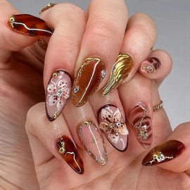 Press on Nails Medium Almond Fake Nails with Flowers and Gold Charms Design False Nail Acrylic Full Cover Stick on Nail for Women 24 Pcs (Gold-39, M-39)