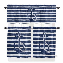 Kitchen Curtains Tiers and Valances Set, Anchor Nautical Rod Pocket Short Window Curtains for Bedroom Bathroom Cafe, 3 Pieces, 54" W x 24" L Navy Blue Stripe White