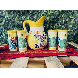 Jarra de Barro Decorada Con 6 Vasos Made in Mexico.Clay Pitcher Made In Mexico.