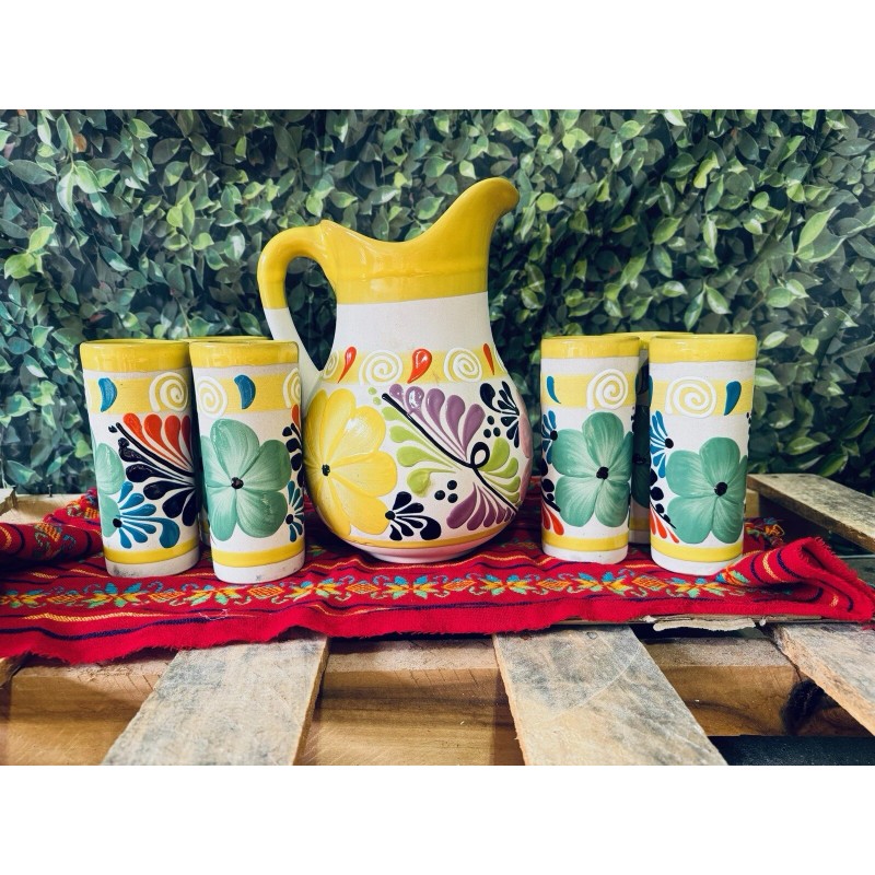 Jarra de Barro Decorada Con 6 Vasos Made in Mexico.Clay