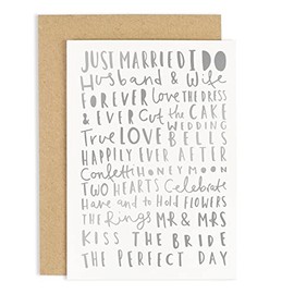Old English Co. Congratulations Wedding Words Greeting Card - Silver Foil Mr and Mrs Card for Newly Weds | Celebration, Happy Couple, Special Day, Bride and Groom | Blank inside with envelope