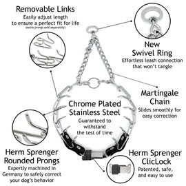 Herm Sprenger 2.25mm Prong Collar for Dog Training with Adjustable Length & Easy Quick Release Cliclock & Swivel Ring for Small/Medium Dogs (13-19" Neck)