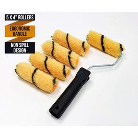 Paint Roller 4-Inch Kit with Tray, for Painting Walls, Ceilings, Door, Frames, Edging and Applying Varnish. 4" 5 x Rolls and Paint Tray Set. (Medium Pile Roller 4")