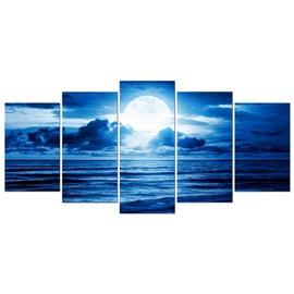 Pyradecor Blue Clouds Canvas Prints Wall Art Moon Sea Beach Pictures Paintings Ready to Hang for Living Room Bedroom Home Decor Modern 5 Piece Stretched and Framed Landscape Giclee Artwork