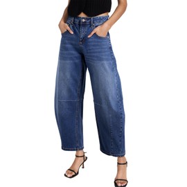 Sidefeel Women's Barrel Jeans Wide Leg Vintage Mid Rise Y2k Baggy Boyfriend Denim Pants Size 12 Blue
