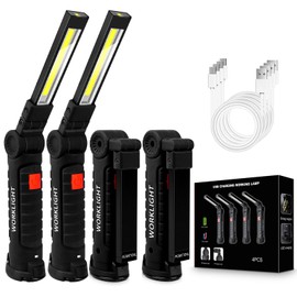 4Pack LED Work Lights, USB Rechargeable COB Light with Magnetic Base 360°Rotate and 5 Modes, Folding Flashlight Inspection Light for Car Repairing, Workshop, Household and Emergency Use, Large