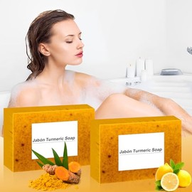 2PCS Jabon de Curcuma para Aclarar, Jabon de Curcuma Facial, Jabón Turmeric Soap, Jabón de cúrcuma para Rostro y Cuerpo, Barra Exfoliante para Aclarar Piel, Hidratante, Suave y No Lrritante, Adecuado para Reducir Imperfecciones, Acné y Manchas Oscuras.