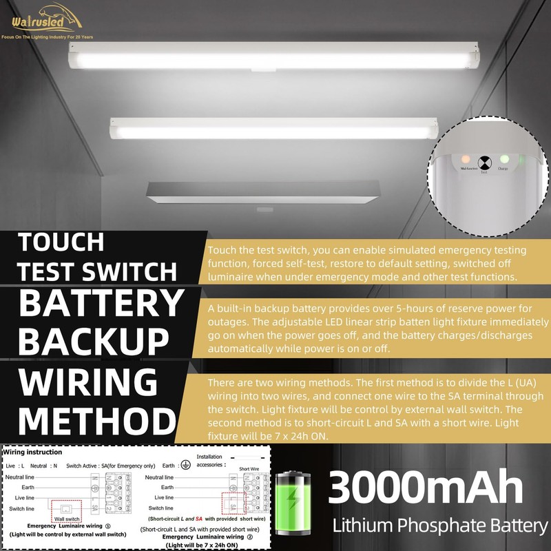 4FT LED Linear Strip Emergency Stairwell Light, 2 Watt Selectable,