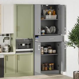 HOMCOM 71" Kitchen Pantry Cabinet with Drawer and Adjustable Shelf, Freestanding Tall Storage Cabinet with 2 Double Door Cupboards, Gray