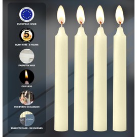 Hyoola Taper Candles - 6 Inch Ivory Dripless, Unscented Dinner Candle - 36 Pack European Made Candles 5 Hour Burn Time