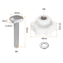 HARFINGTON 5Set T Track Bolts Knob Kit M8 x 45mm Threaded Bolts M8 x 48mm Hex Hand Nut Clamping Knob with Washer for Woodworking Jigs and Fixtures, White