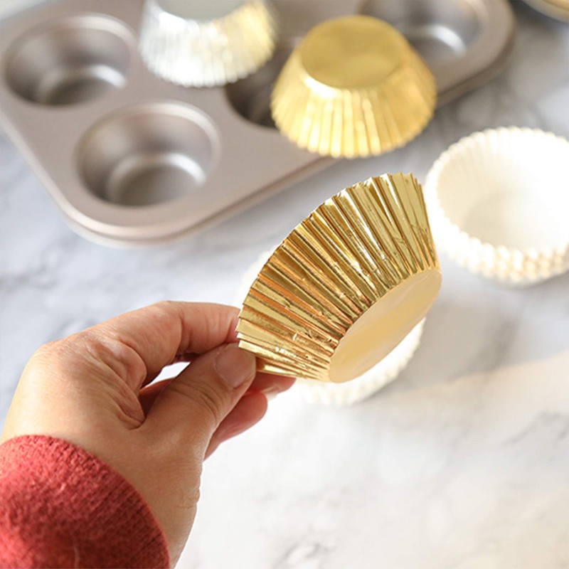 100Pcs Foil Metallic Cupcake Liners Baking Muffin Paper Cups Cases