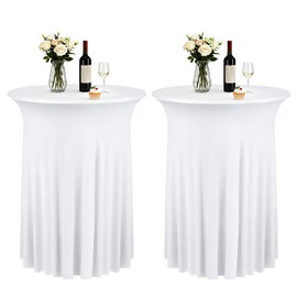 Xosjska 2 Pack 32 x 43 Inch Round Spandex Cocktail Tablecloths with Skirt Fitted Elastic Cocktail Tablecloth for High Top Bar, Wedding, Party, Events, White