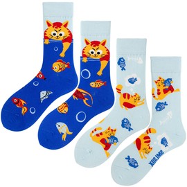 Angelteers 2 Pairs Cartoon Animal Crew Socks Fun Cotton Mid Calf Socks for Women (US, Alpha, One Size, Regular, Regular, Cat)