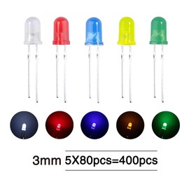 YIXISI 400 Pieces 3 mm LED Light Emitting Diode Set, Round Head LED, 5 Colours (80 Pieces of Each Colour), White, Red, Yellow, Green, Blue