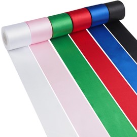 LIUYAXI Rainbow Satin Ribbon 2 Inch x 6 Rolls Total 60 Yards - Red/Green/Black/White/Pink/Blue Double Faced Stain Ribbon for Gift Wrapping Craft Wedding Party Christmas Decoration Baby Shower